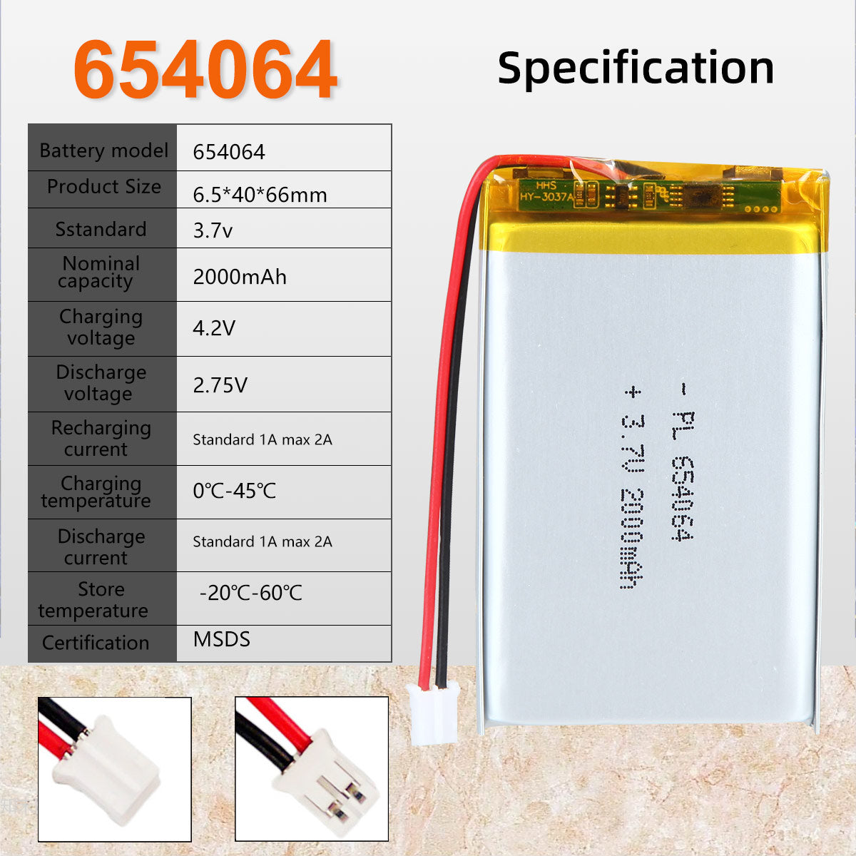 3.7V 2000mAh 654064 재충전용 리튬 중합체 건전지 길이 66mm