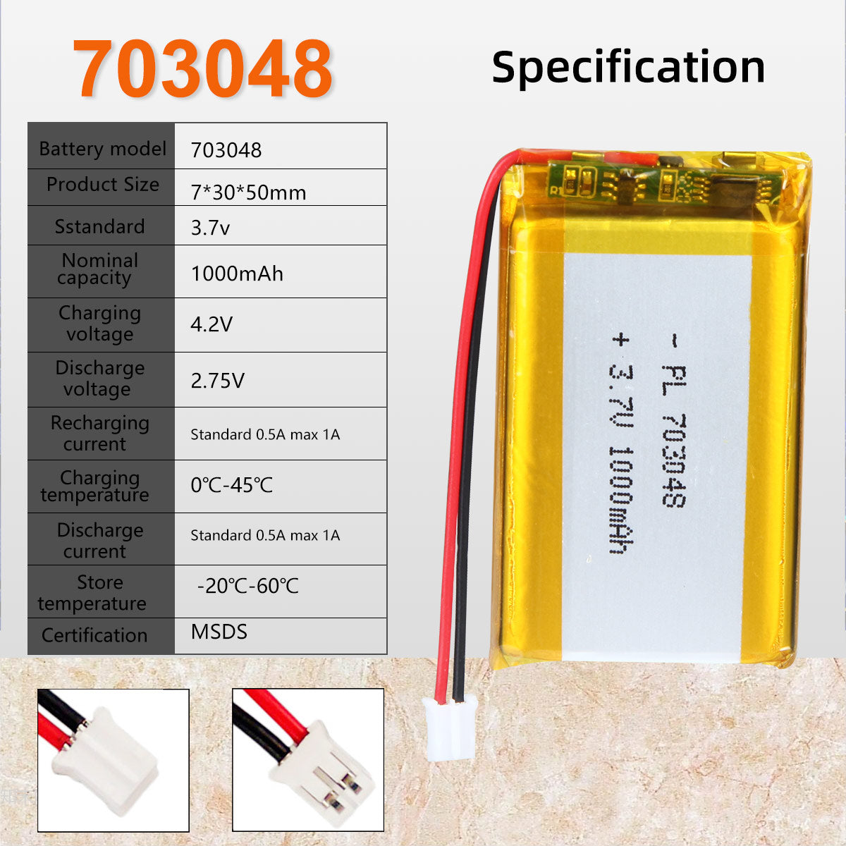 3.7V 703048 1000mAh 재충전용 리튬 중합체 건전지 길이 50mm