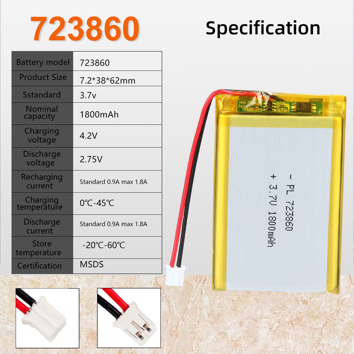 3.7V 1800mAh 723860 Rechargeable Lithium Polymer Battery