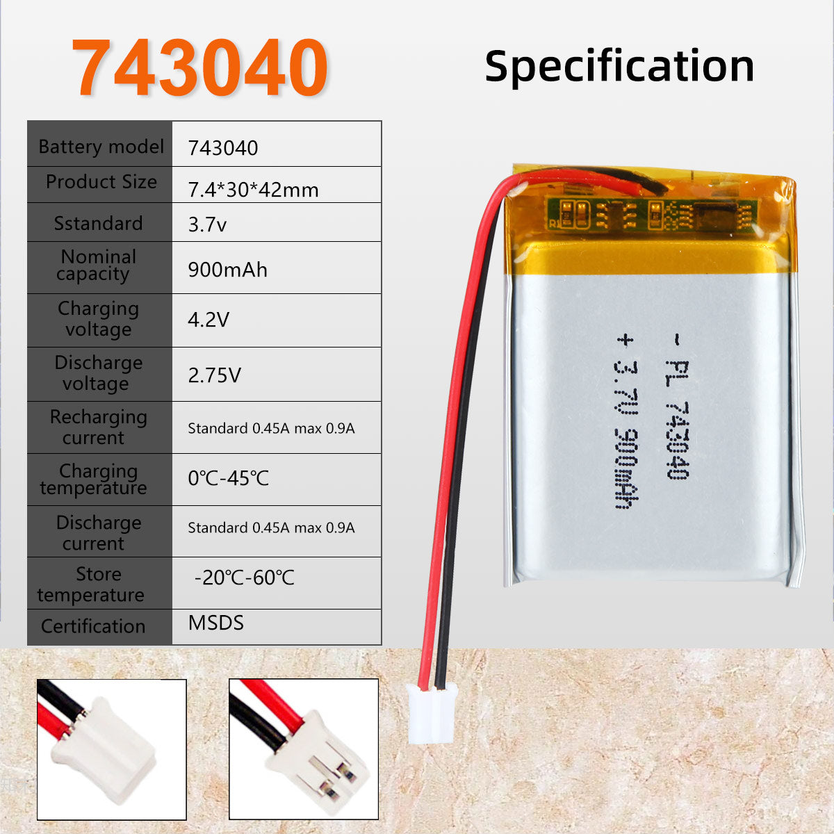 3.7V 900mAh 743040 रिचार्जेबल लिथियम पॉलिमर आयन बैटरी पैक