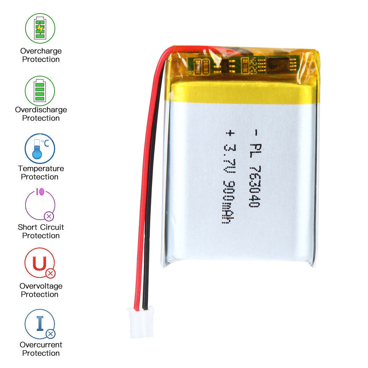 3.7V 900mAh 763040 재충전용 리튬 중합체 건전지 길이 42mm