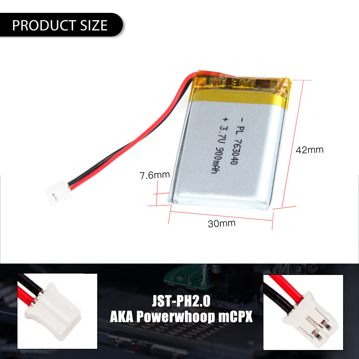 3.7V 900mAh 763040 재충전용 리튬 중합체 건전지 길이 42mm