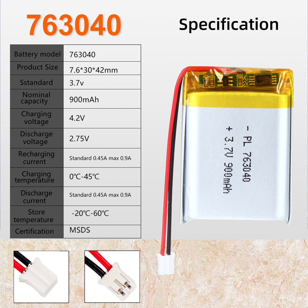 3.7V 900mAh 763040 재충전용 리튬 중합체 건전지 길이 42mm