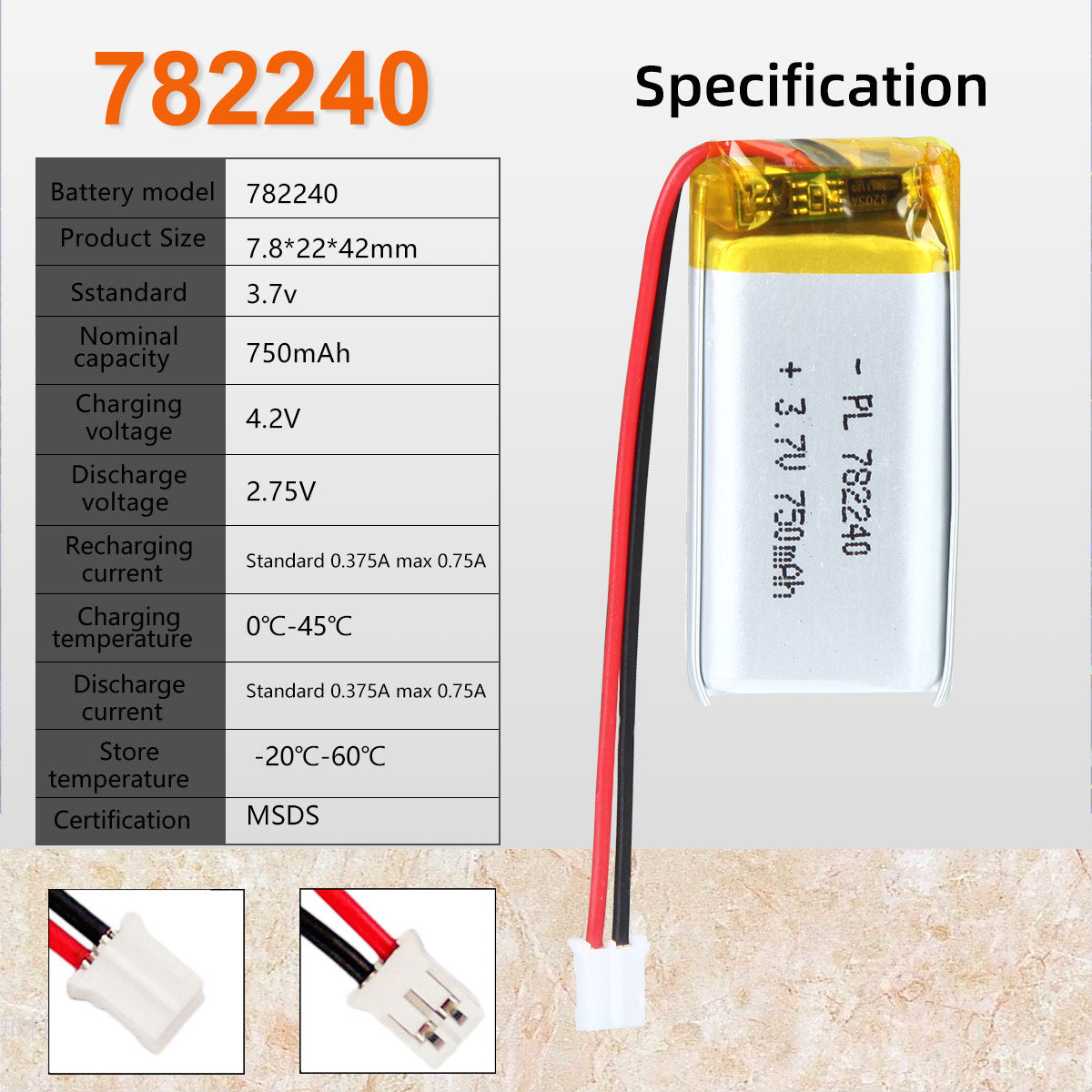 3.7V 750mAh 782240 Rechargeable Lithium Polymer Battery