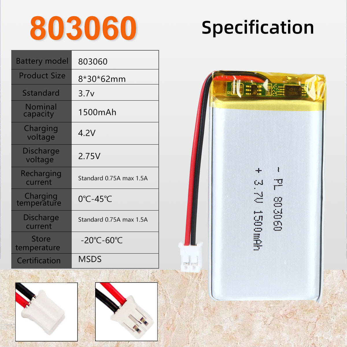 3.7V 803060 1500mAh 재충전용 리튬 중합체 건전지 길이 62mm