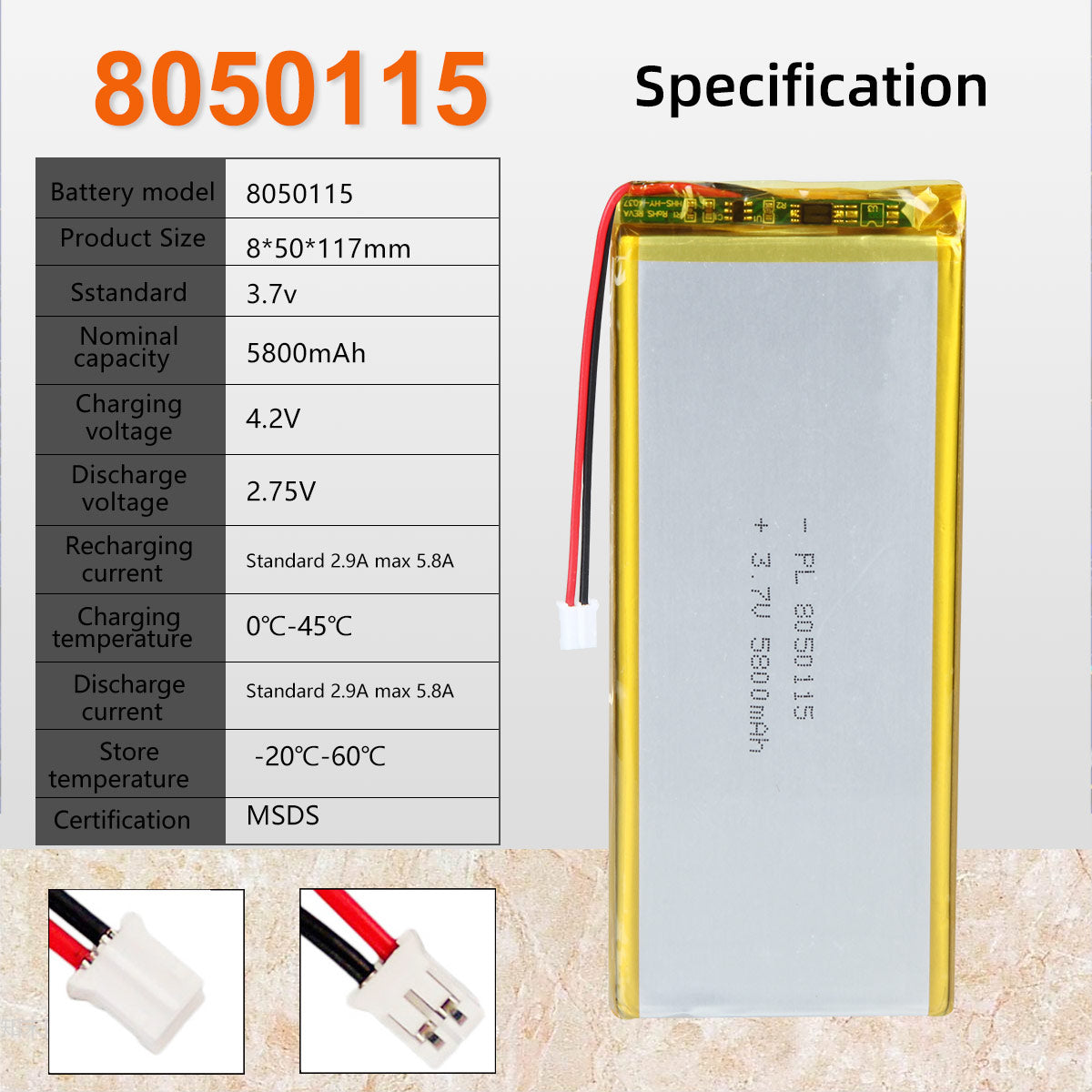 3.7V 5800mAh 8050115 재충전용 리튬 중합체 건전지 길이 117mm