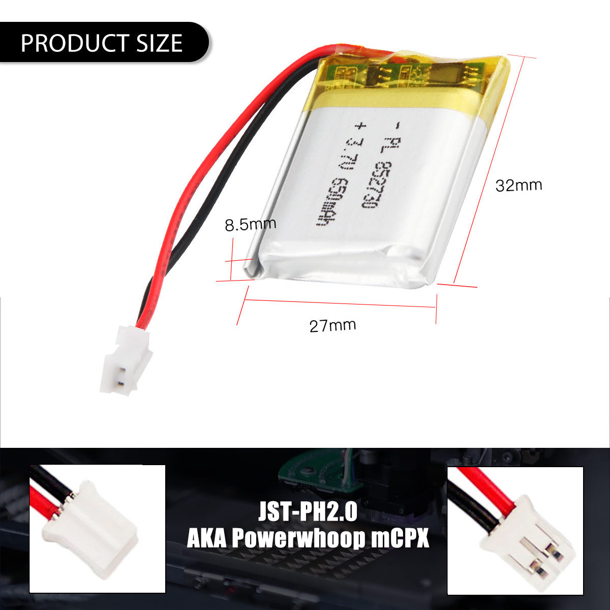 3.7V 650mAh 852730 재충전용 리튬 중합체 건전지 길이 32mm