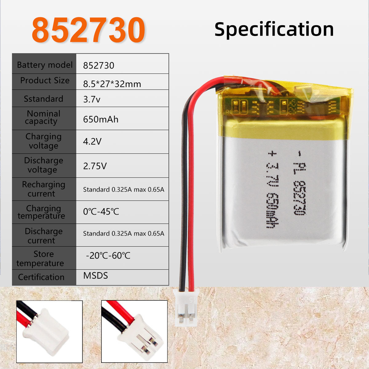 3.7V 650mAh 852730 재충전용 리튬 중합체 건전지 길이 32mm