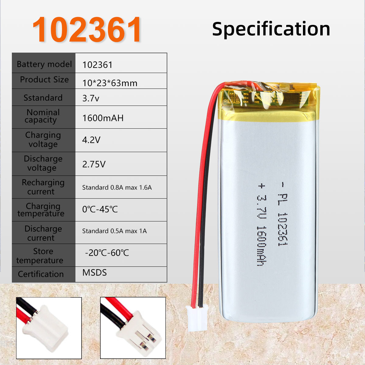 3.7V 1600mAh 102361 充電式リチウムポリマー電池