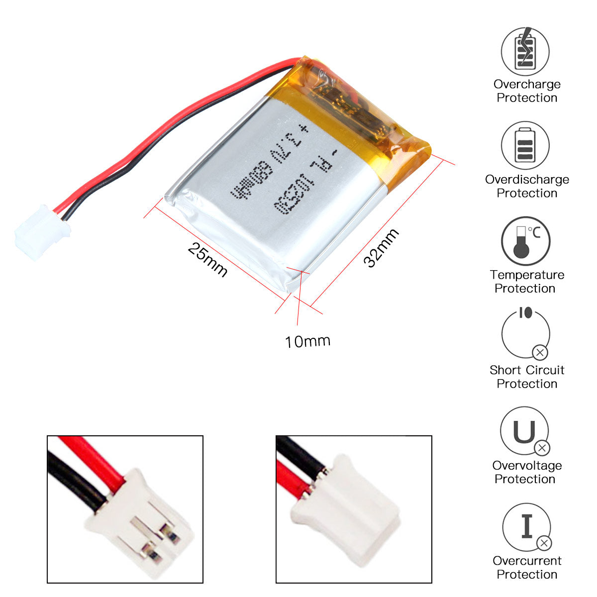 YDL 3.7V 680mAh 102530 충전식 리튬 폴리머 배터리 길이 32mm