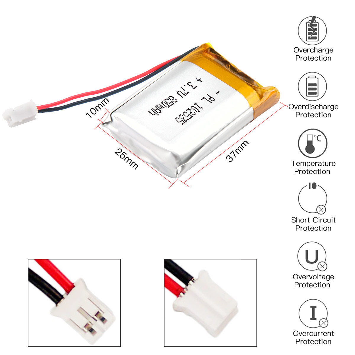 YDL 3.7V 850mAh 102535 충전식 리튬 폴리머 배터리 길이 37mm