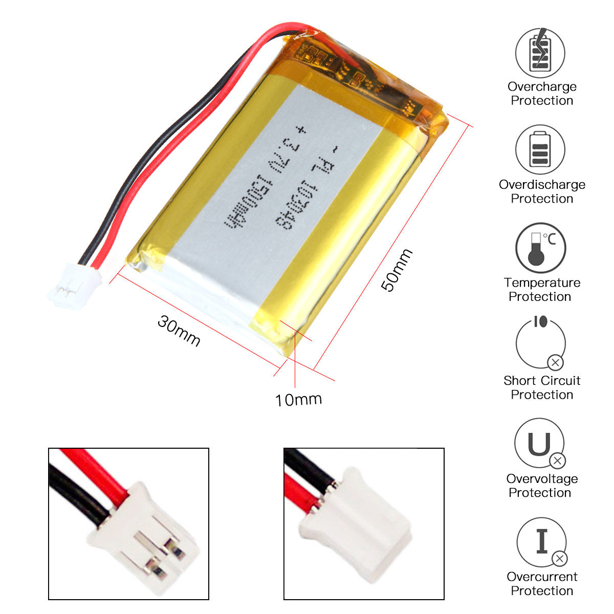 3.7V 1500mAh 103048 充電式リチウムポリマー電池 50mm Thymio ロボット用