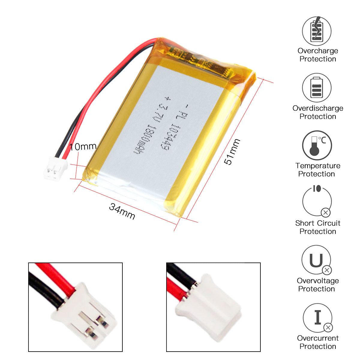 3.7V 1800mAh 103449 재충전용 리튬 중합체 건전지 길이 51mm