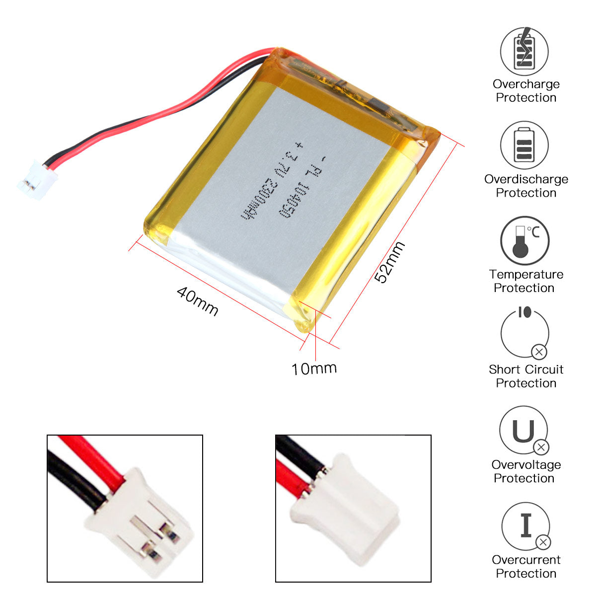 3.7V 2300mAh 104050 充電式リチウム ポリマー電池長さ 52mm
