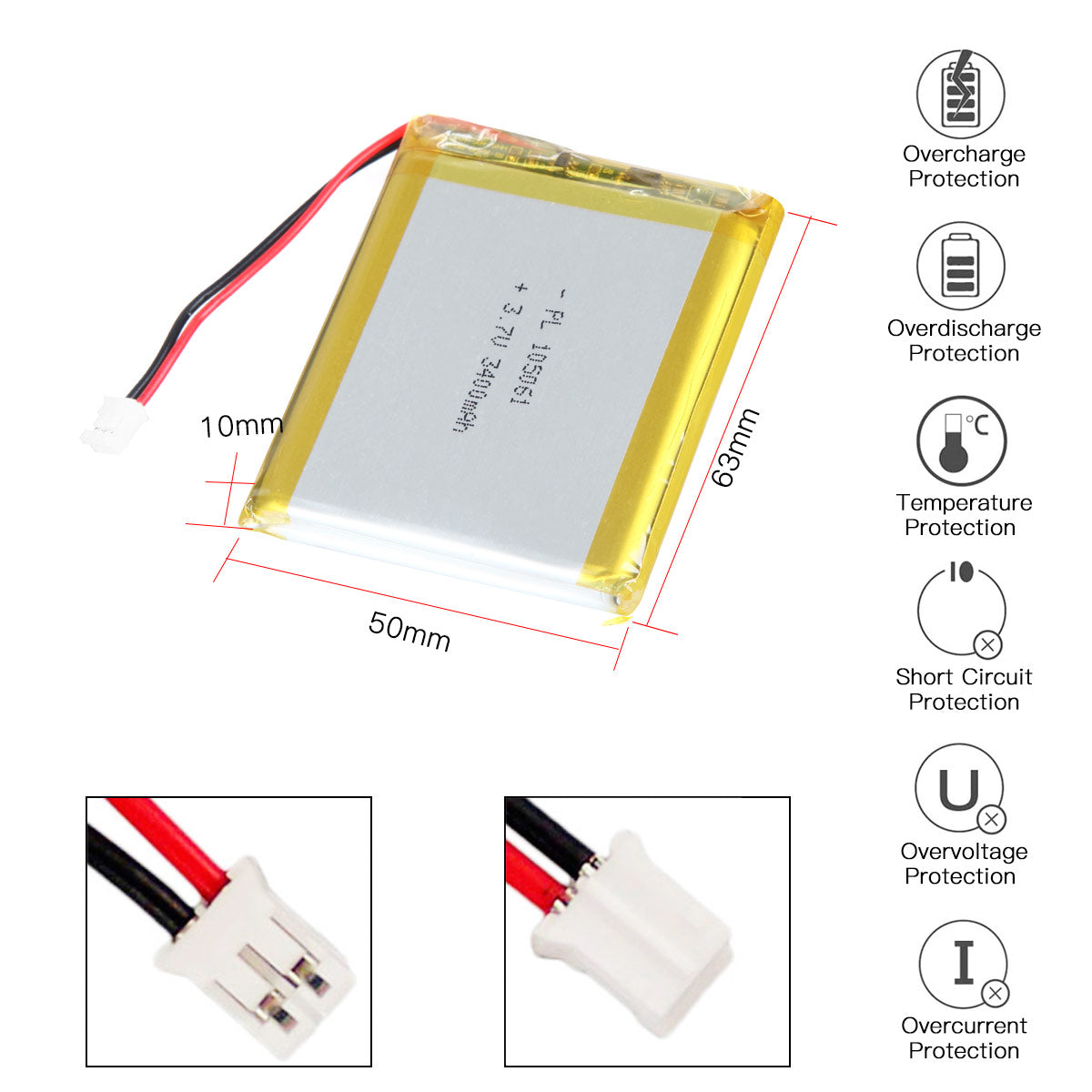 YDL 3.7V 3400mAh 105061 充電式リチウムポリマー電池 長さ 63mm