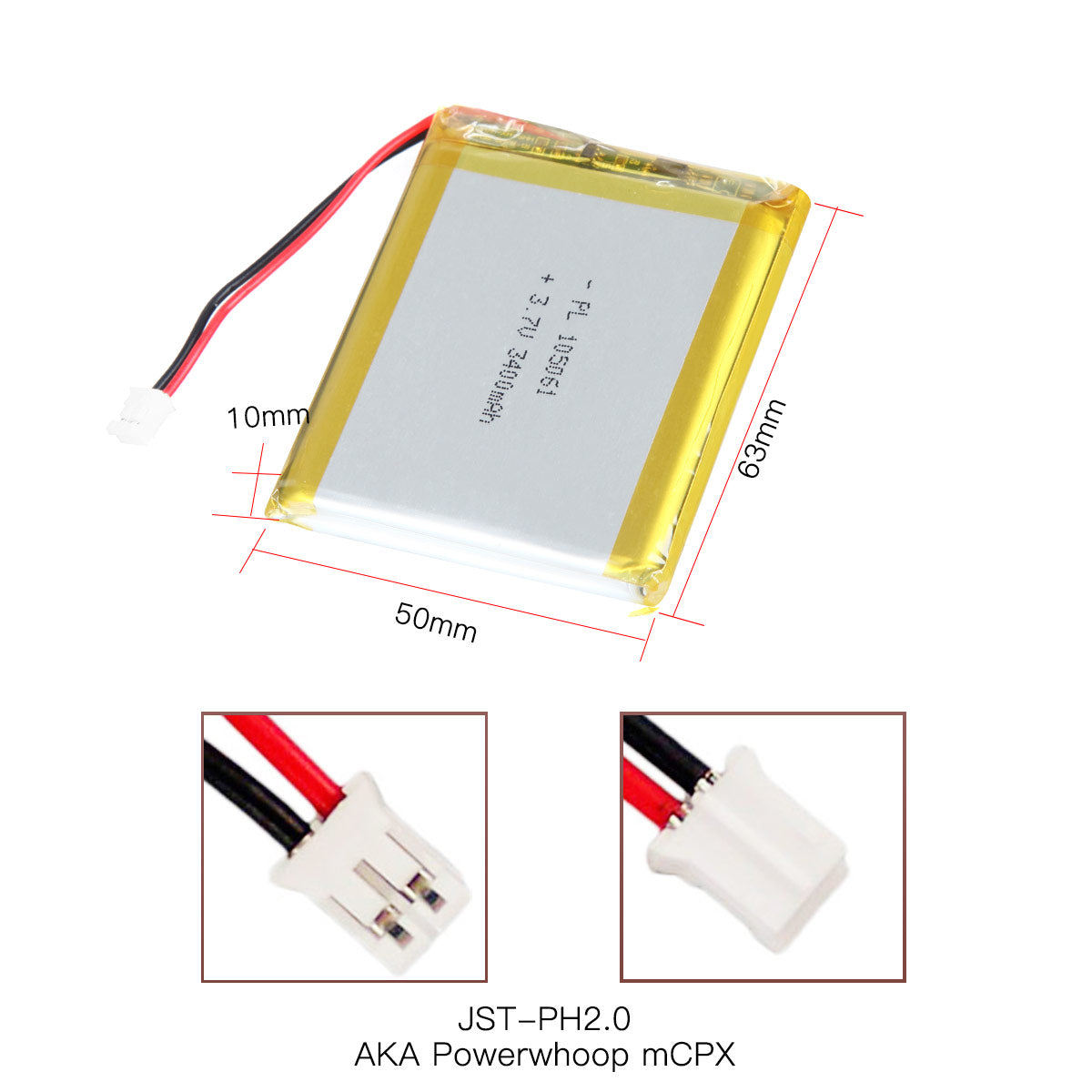 YDL 3.7V 3400mAh 105061 充電式リチウムポリマー電池 長さ 63mm