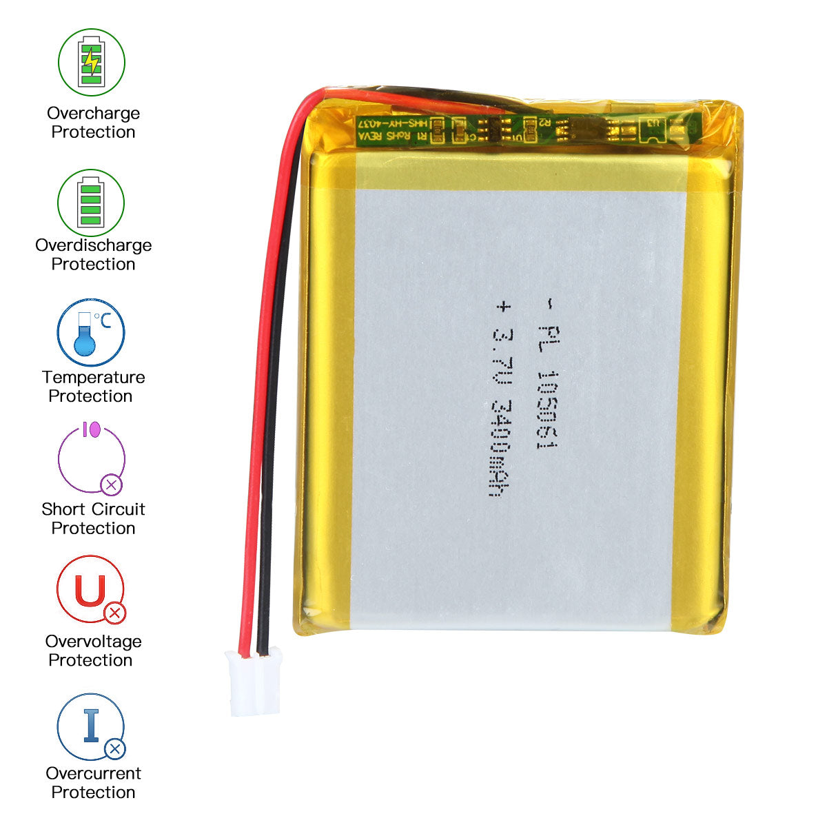 YDL 3.7V 3400mAh 105061 充電式リチウムポリマー電池 長さ 63mm