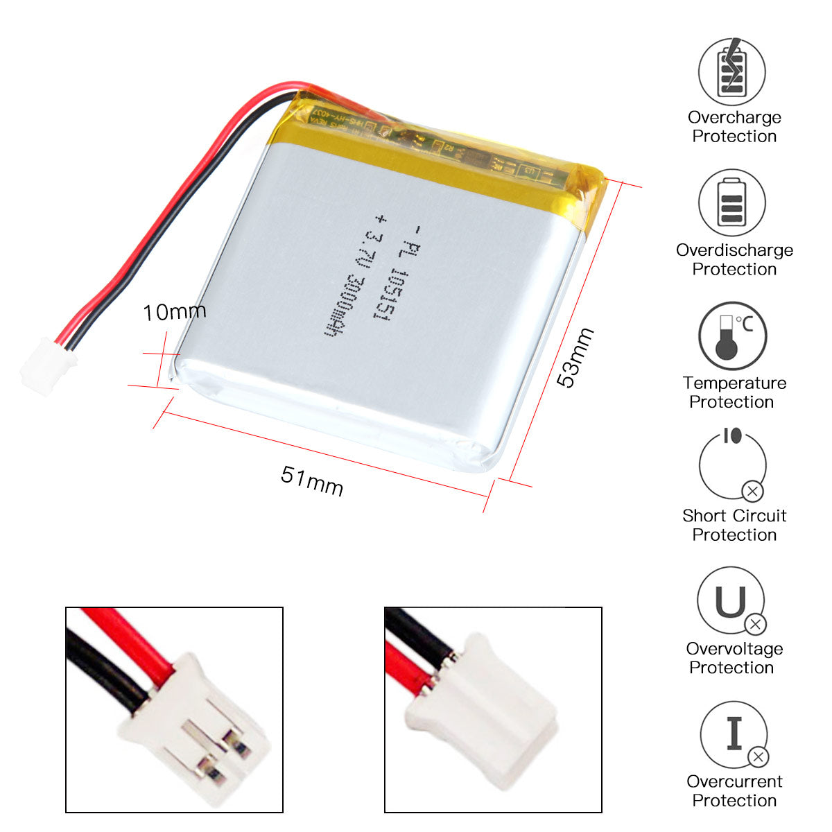 3.7V 3000mAh 105151 재충전용 리튬 중합체 건전지 길이 53mm