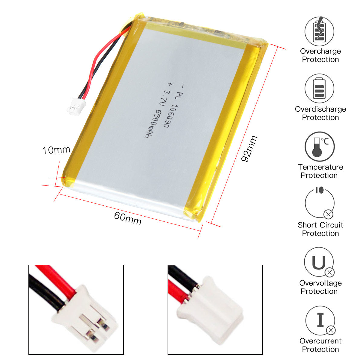 YDL 3.7V 6500mAh 106090 충전식 리튬 폴리머 배터리 길이 92mm