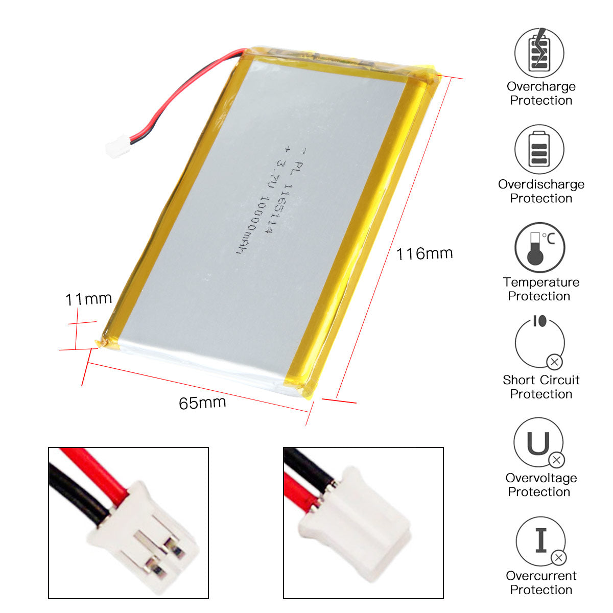YDL 3.7V 10000mAh 1165114 재충전용 리튬 중합체 건전지 길이 116mm