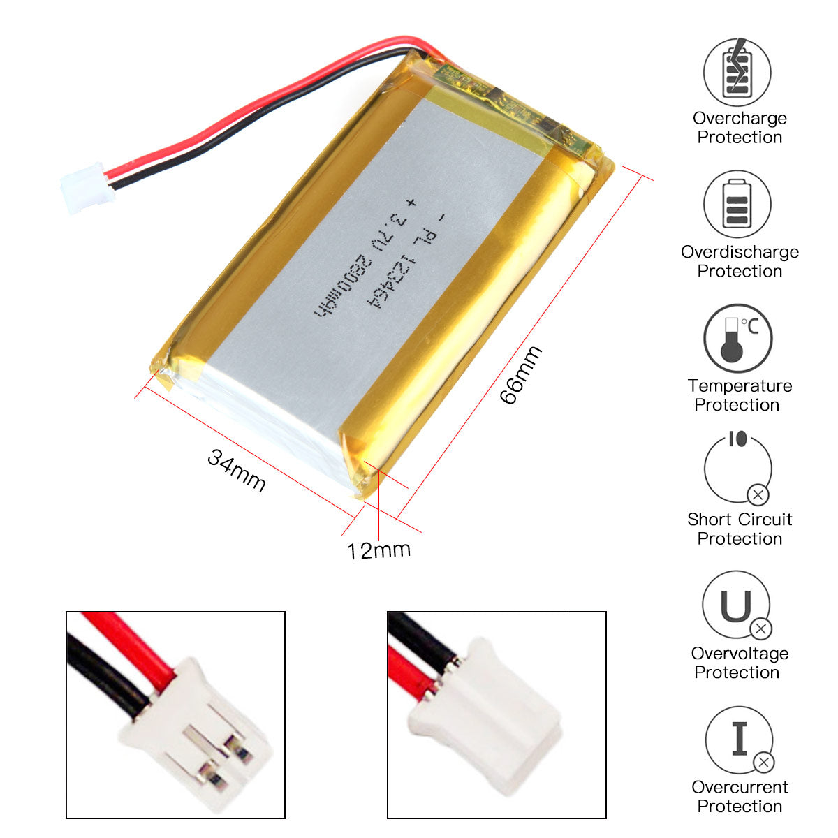 YDL 3.7V 2800mAh 123464 充電式リチウムポリマー電池 長さ 66mm