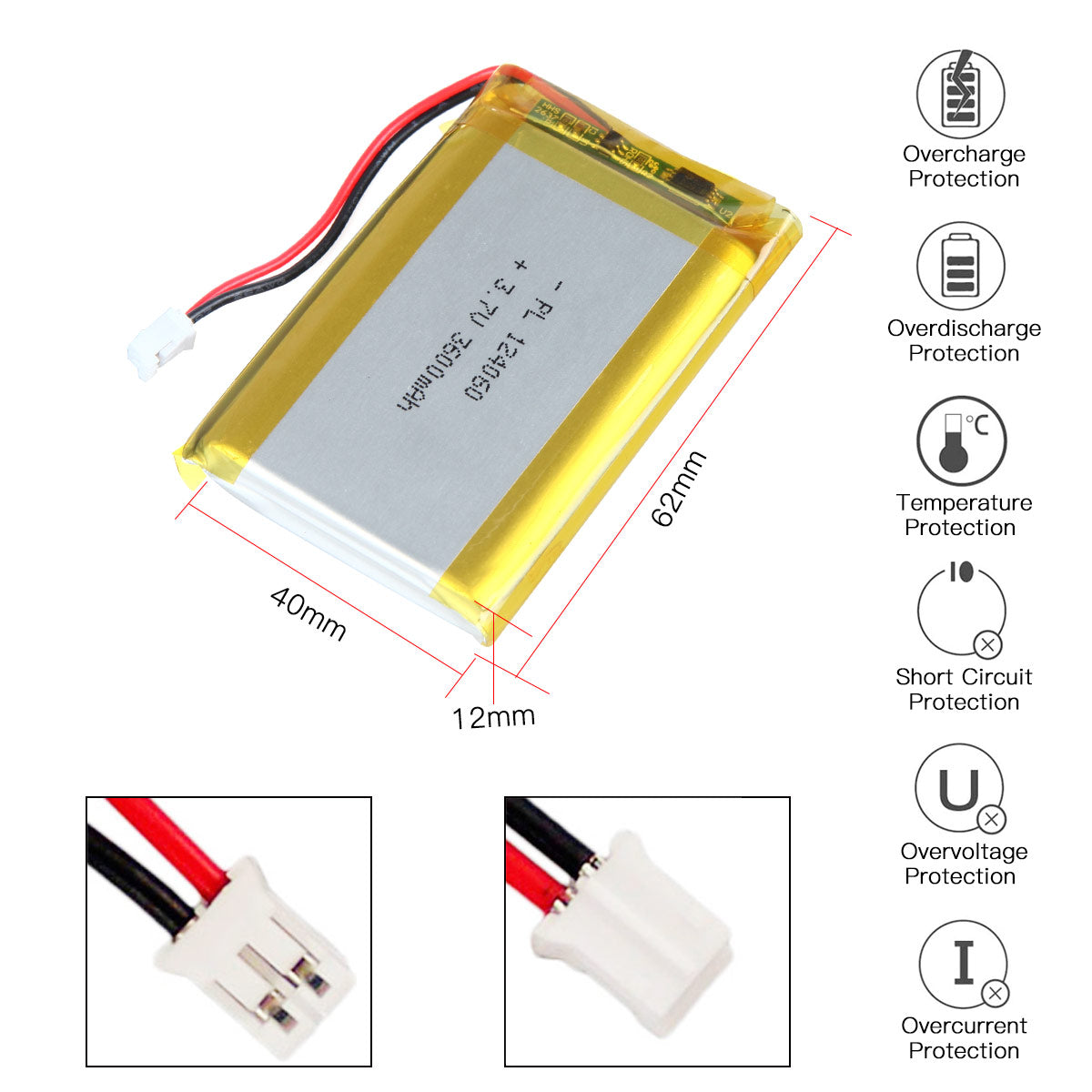 YDL 3.7V 3600mAh 124060 충전식 리튬 폴리머 배터리 길이 62mm