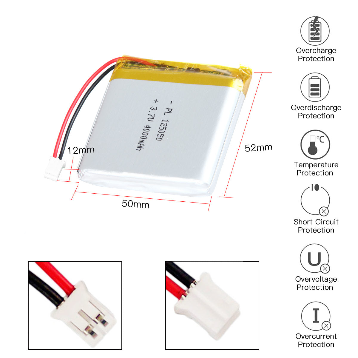 YDL 3.7V 4000mAh 125050 충전식 리튬 폴리머 배터리 길이 52mm