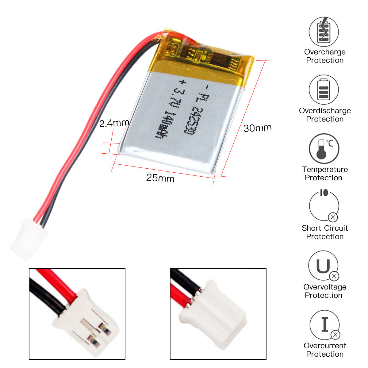 YDL 3.7V 140mAh 242530 재충전용 리튬 중합체 건전지 길이 32mm