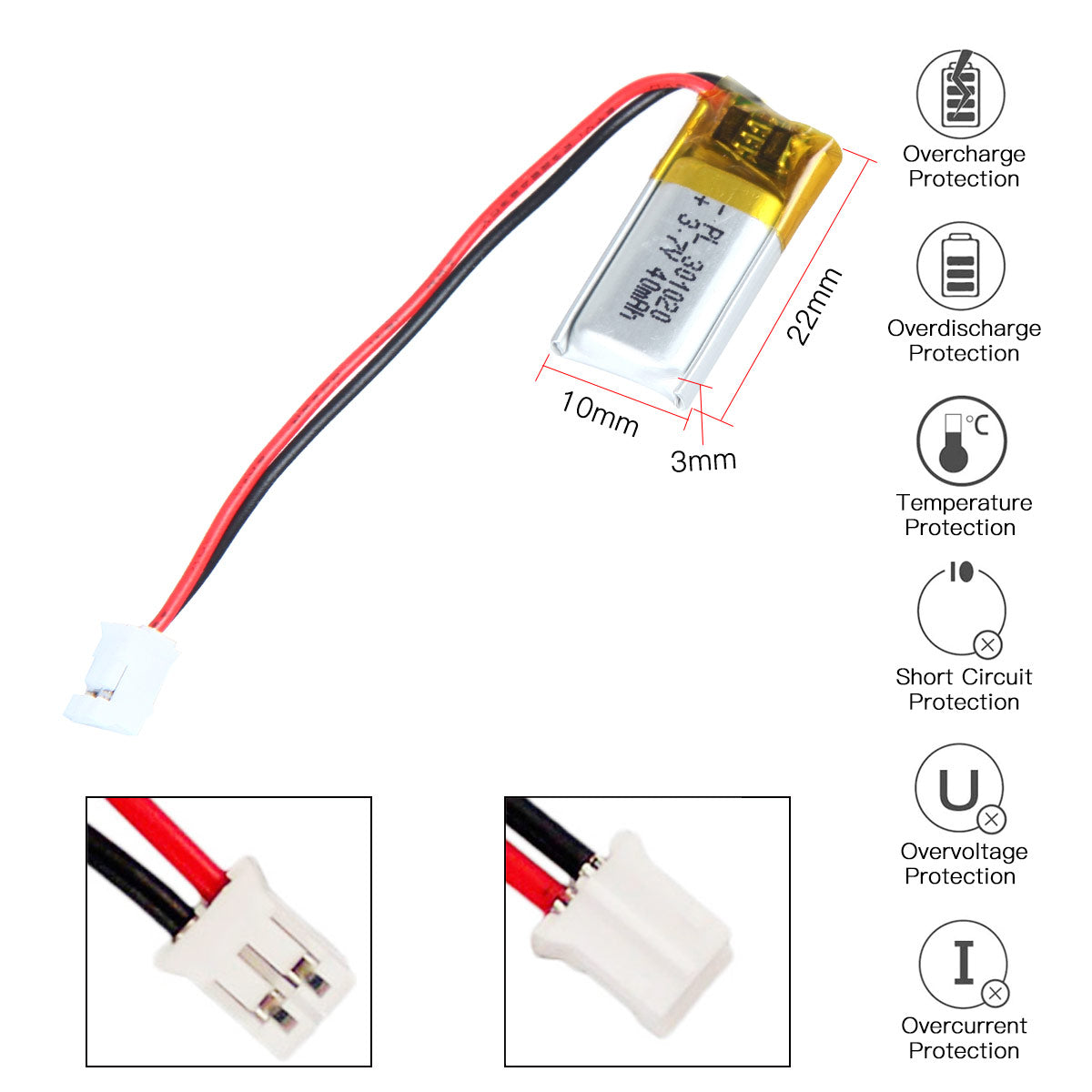 YDL 3.7V 40mAh 301020/301120 충전식 리튬 폴리머 배터리 길이 22mm