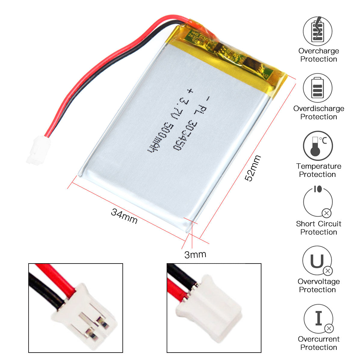 3.7V 500mAh 303450 재충전용 리튬 중합체 건전지 길이 52mm