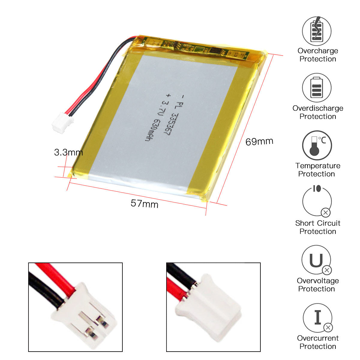 YDL 3.7V 630mAh 335367 充電式リチウムポリマー電池 長さ 69mm