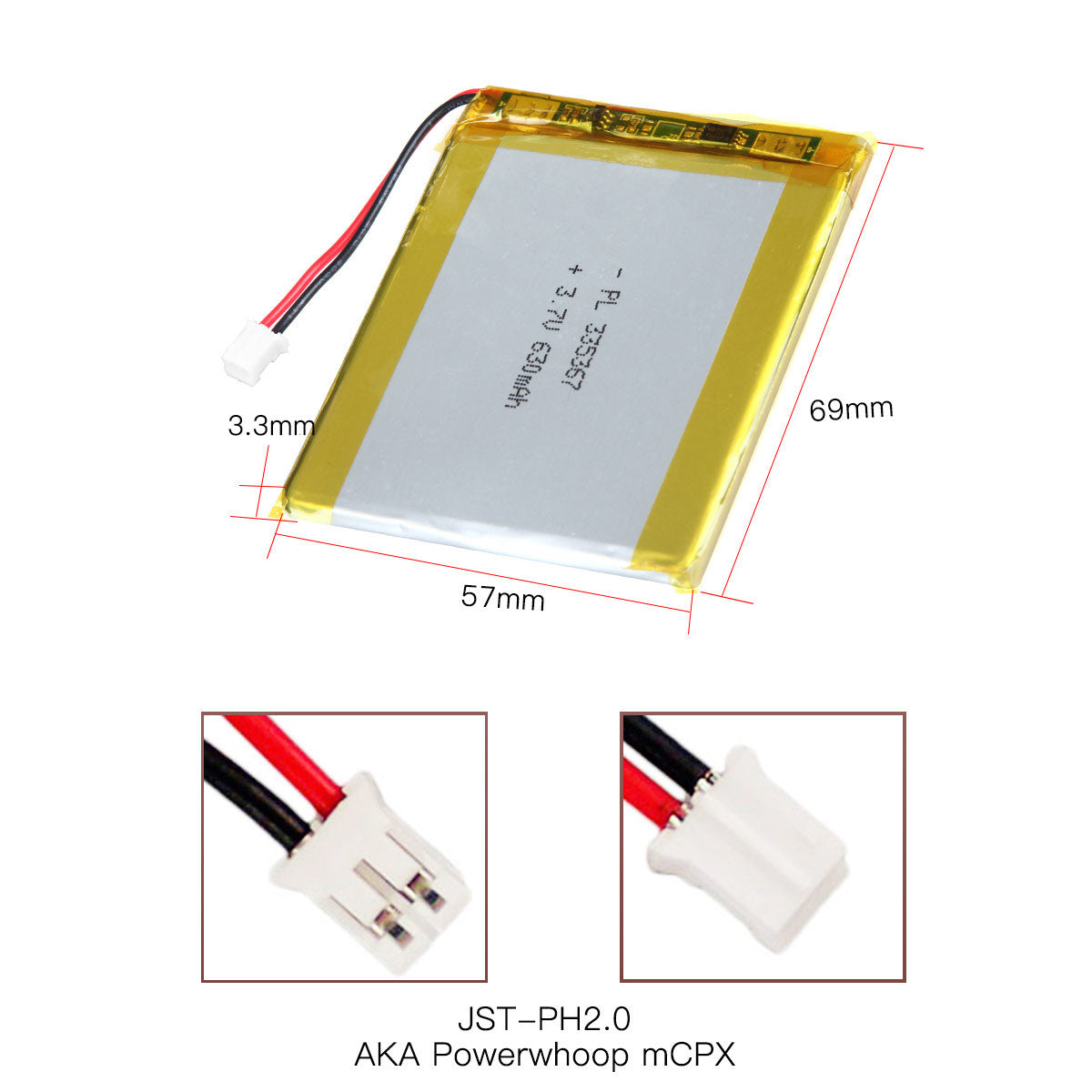 YDL 3.7V 630mAh 335367 充電式リチウムポリマー電池 長さ 69mm