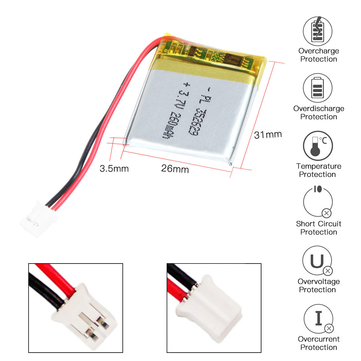 YDL 3.7V 260mAh 352629 Rechargeable Lipo Battery with JST Connector - YDL Battery