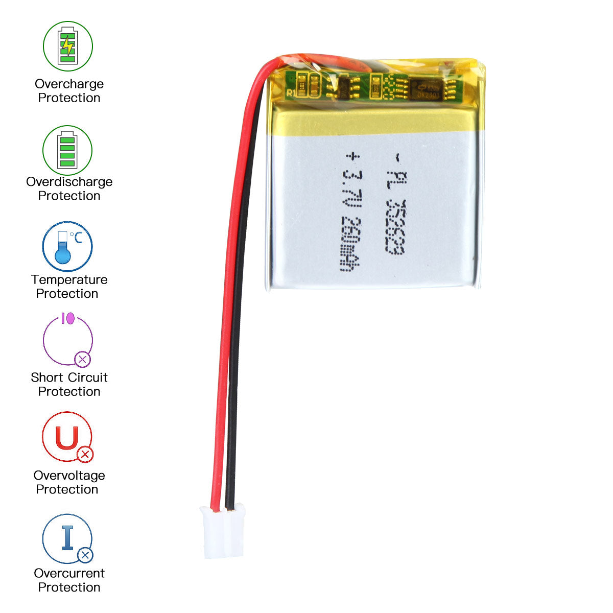 YDL 3.7V 260mAh 352629 Rechargeable Lipo Battery with JST Connector - YDL Battery