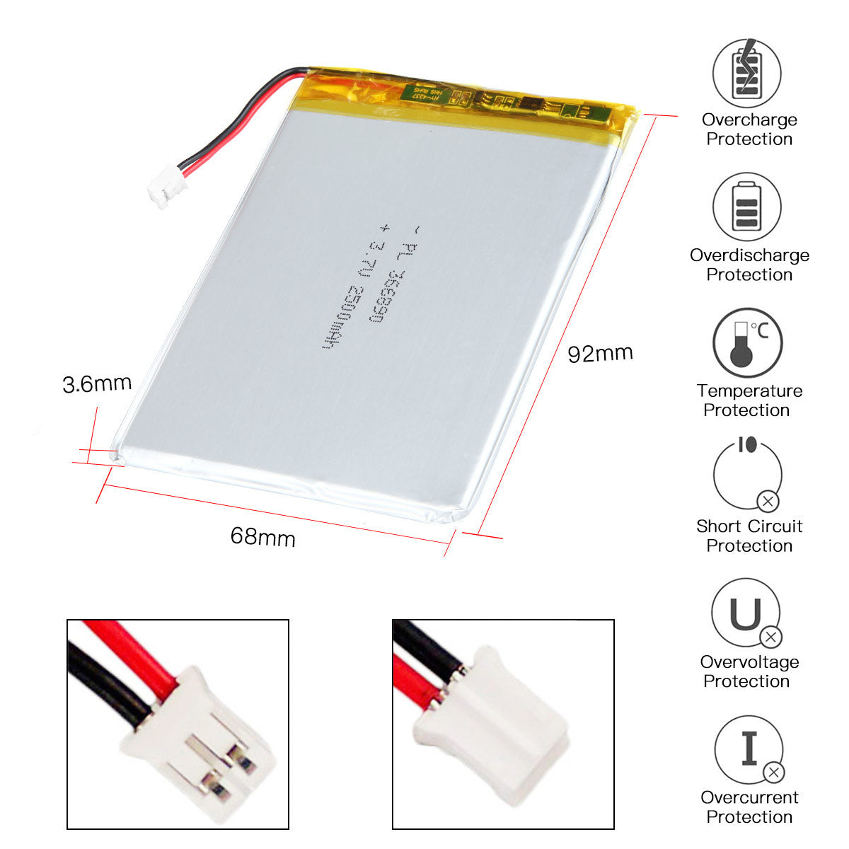 YDL 3.7V 2500mAh 366890 충전식 리튬 폴리머 배터리 길이 92mm