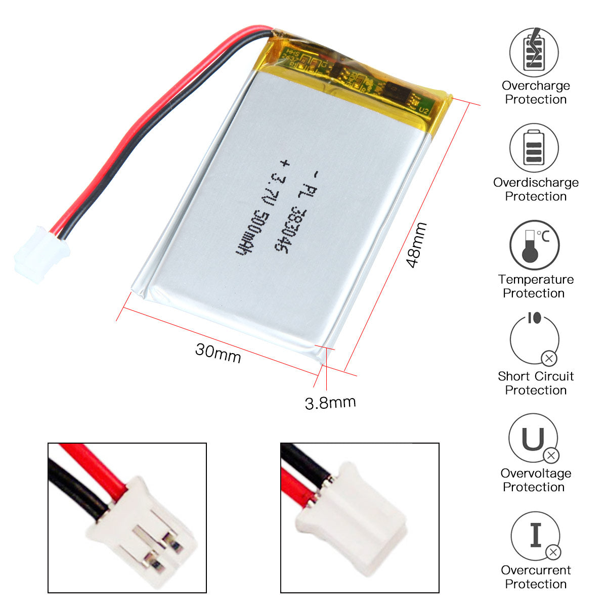 YDL 3.7V 500mAh 383046 충전식 리튬 폴리머 배터리 길이 48mm