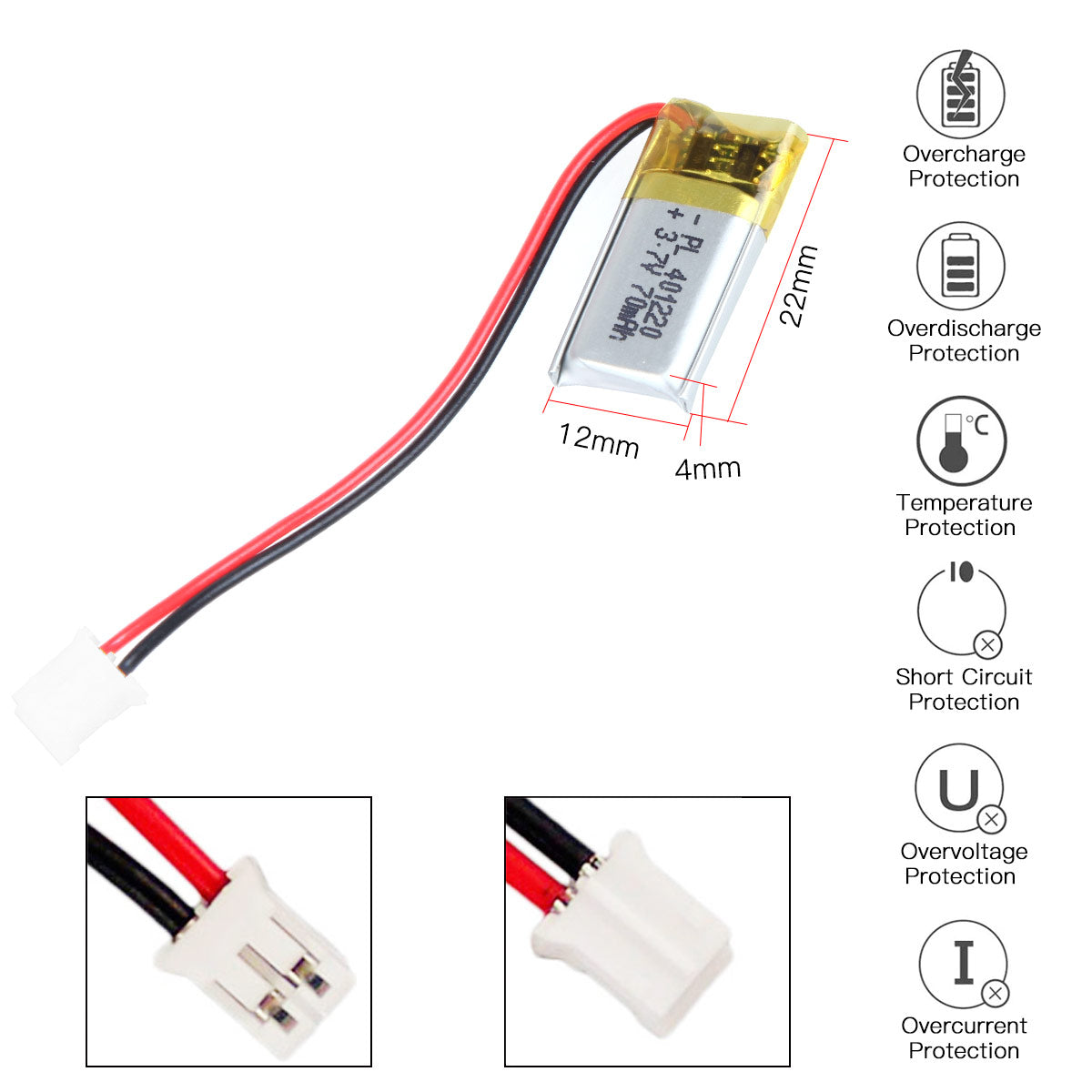 YDL 3.7V 70mAh 401220 充電式リチウムポリマー電池 長さ 22mm