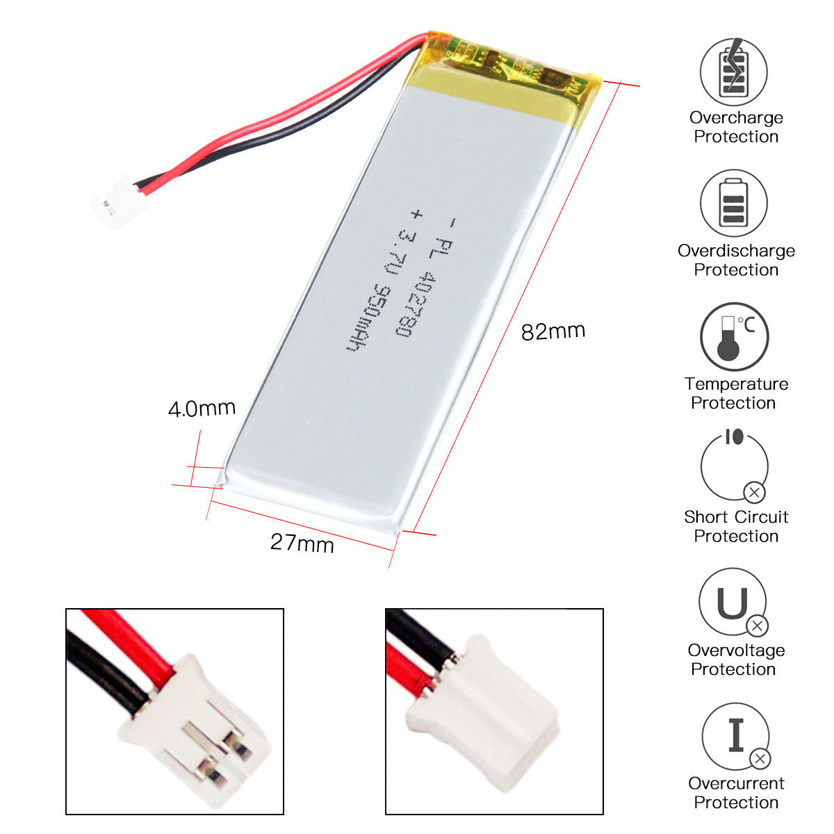 Batteria ricaricabile agli ioni di litio polimerica YDL 3,7 V 950 mAh 402780 Lunghezza 82 mm