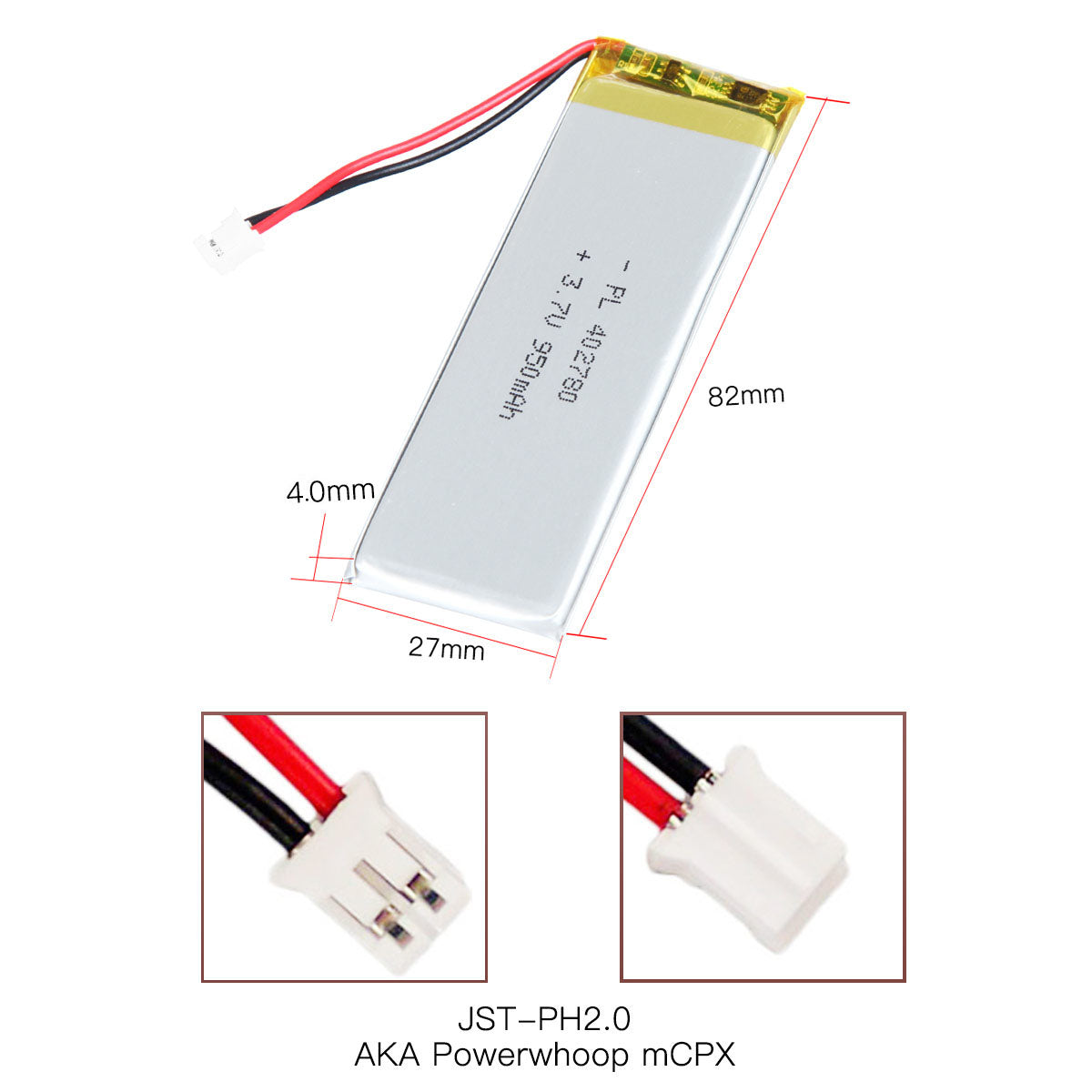 Batteria ricaricabile agli ioni di litio polimerica YDL 3,7 V 950 mAh 402780 Lunghezza 82 mm