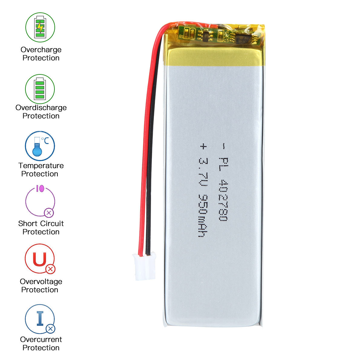 Batteria ricaricabile agli ioni di litio polimerica YDL 3,7 V 950 mAh 402780 Lunghezza 82 mm
