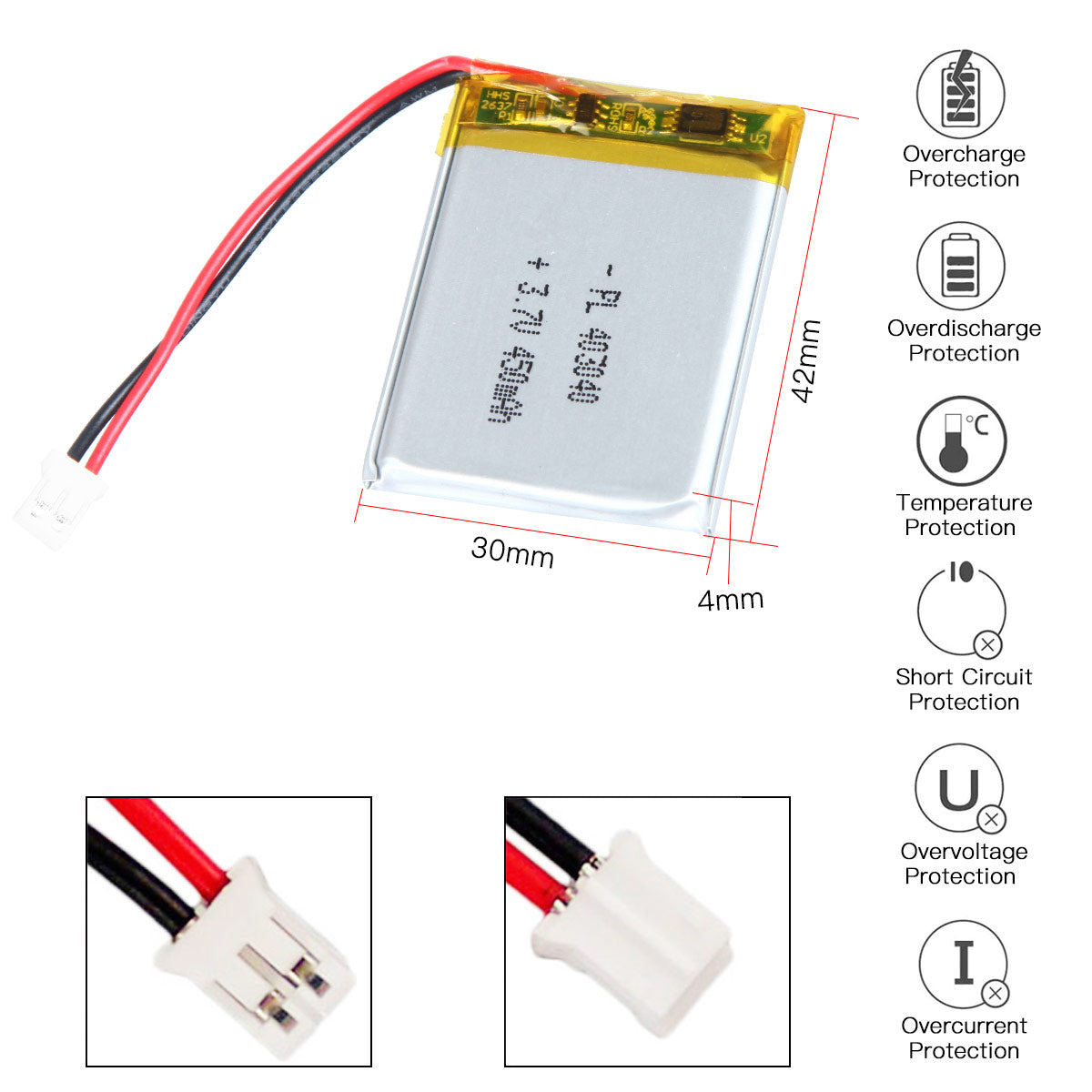 YDL 3.7V 450mAh 403040 충전식 리튬 폴리머 배터리 길이 42mm