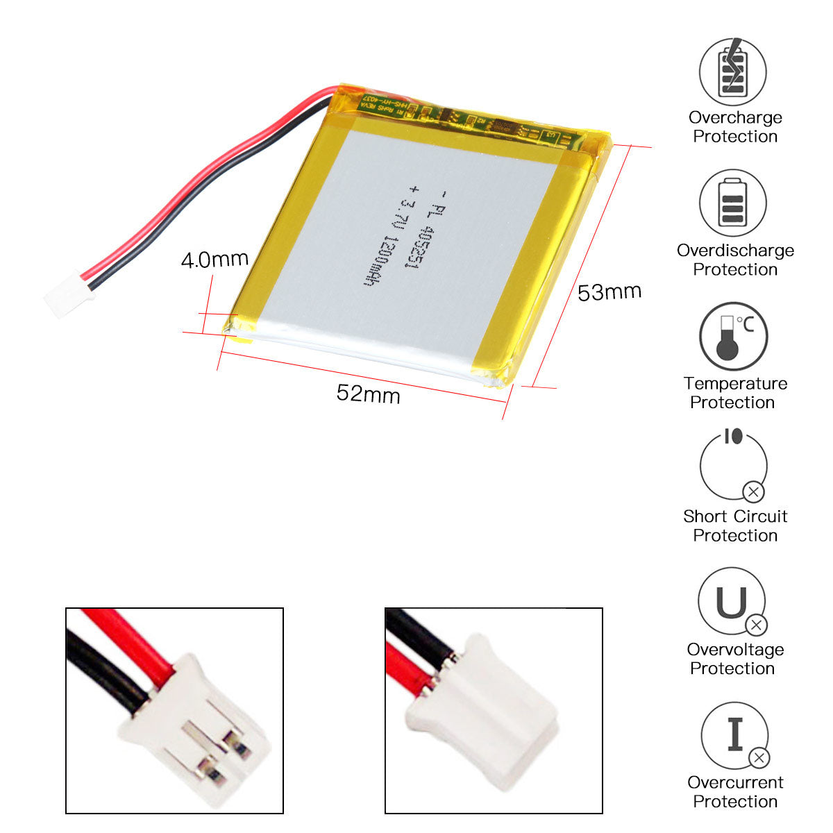 YDL 3.7V 1200mAh 405251 충전식 리튬 폴리머 배터리 길이 53mm