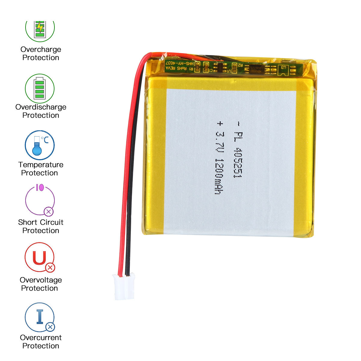 YDL 3.7V 1200mAh 405251 충전식 리튬 폴리머 배터리 길이 53mm