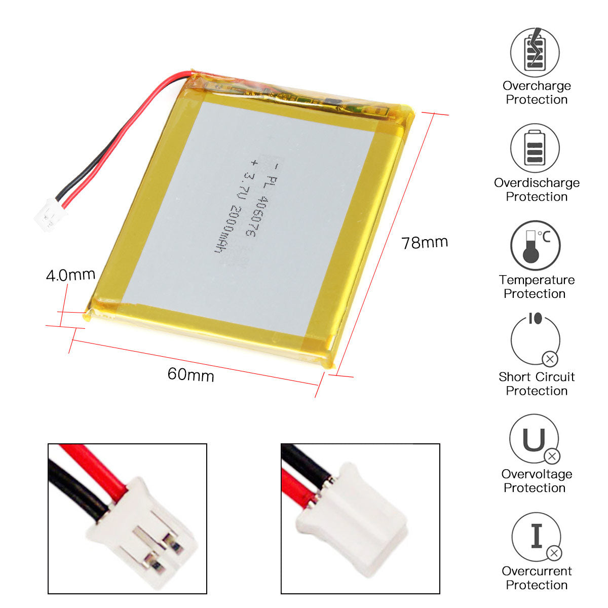 YDL 3.7V 2000mAh 406076 충전식 리튬 폴리머 배터리 길이 78mm
