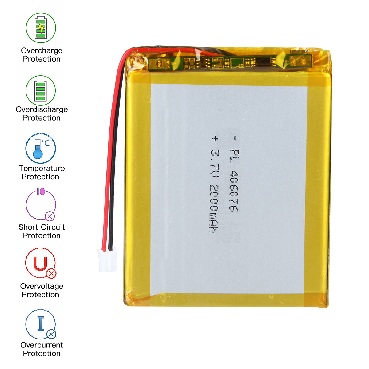 YDL 3.7V 2000mAh 406076 충전식 리튬 폴리머 배터리 길이 78mm