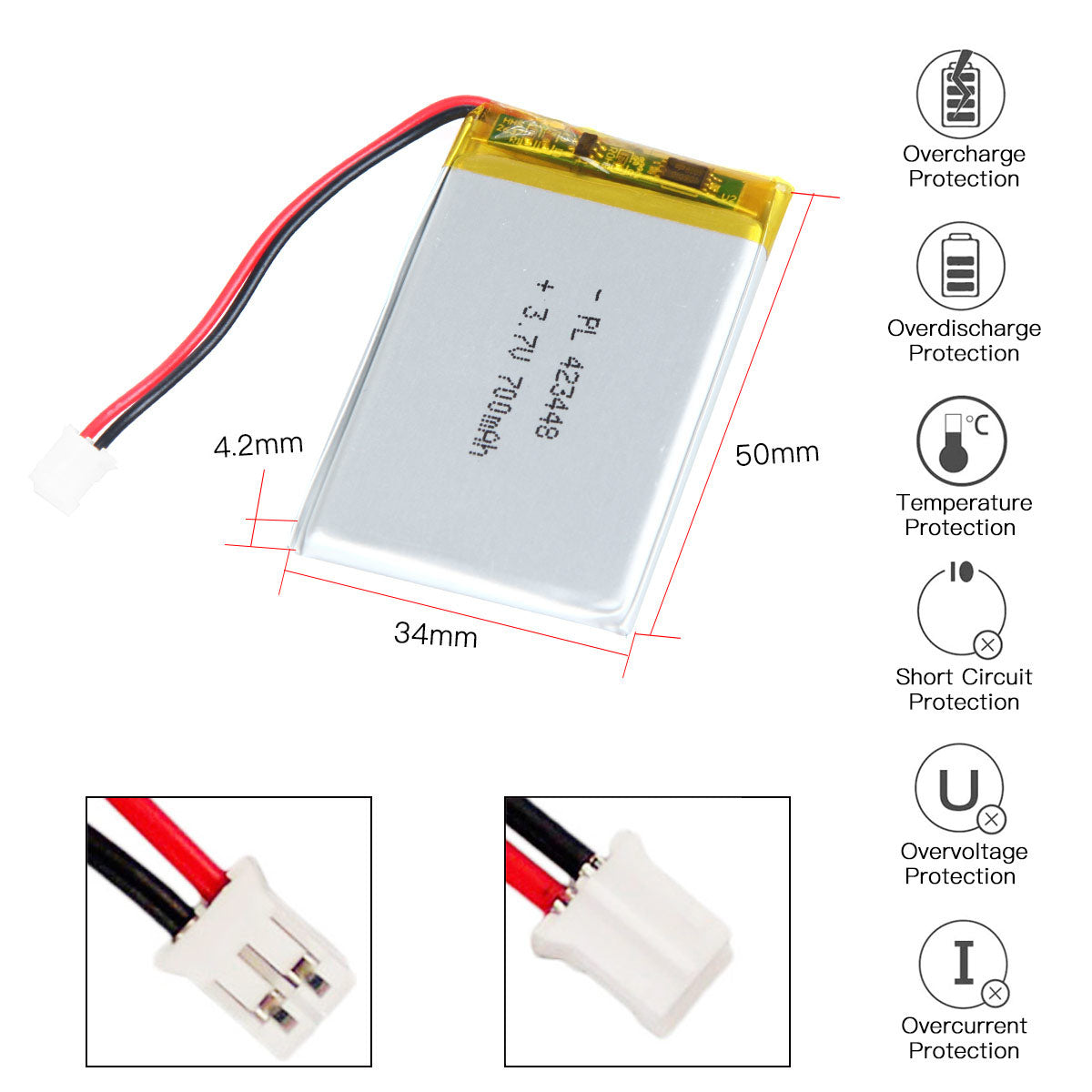 YDL 3.7V 700mAh 423448 Rechargeable Lipo Battery with JST Connector - YDL Battery