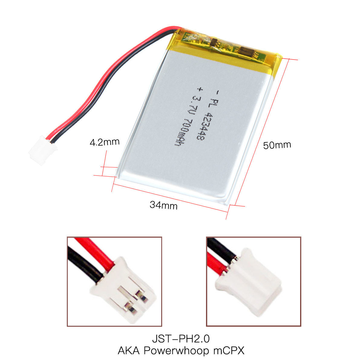YDL 3.7V 700mAh 423448 Rechargeable Lipo Battery with JST Connector - YDL Battery