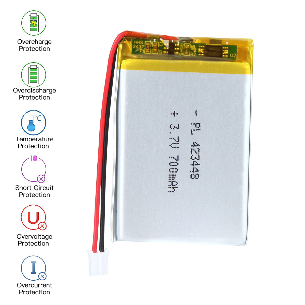 YDL 3.7V 700mAh 423448 Rechargeable Lipo Battery with JST Connector - YDL Battery