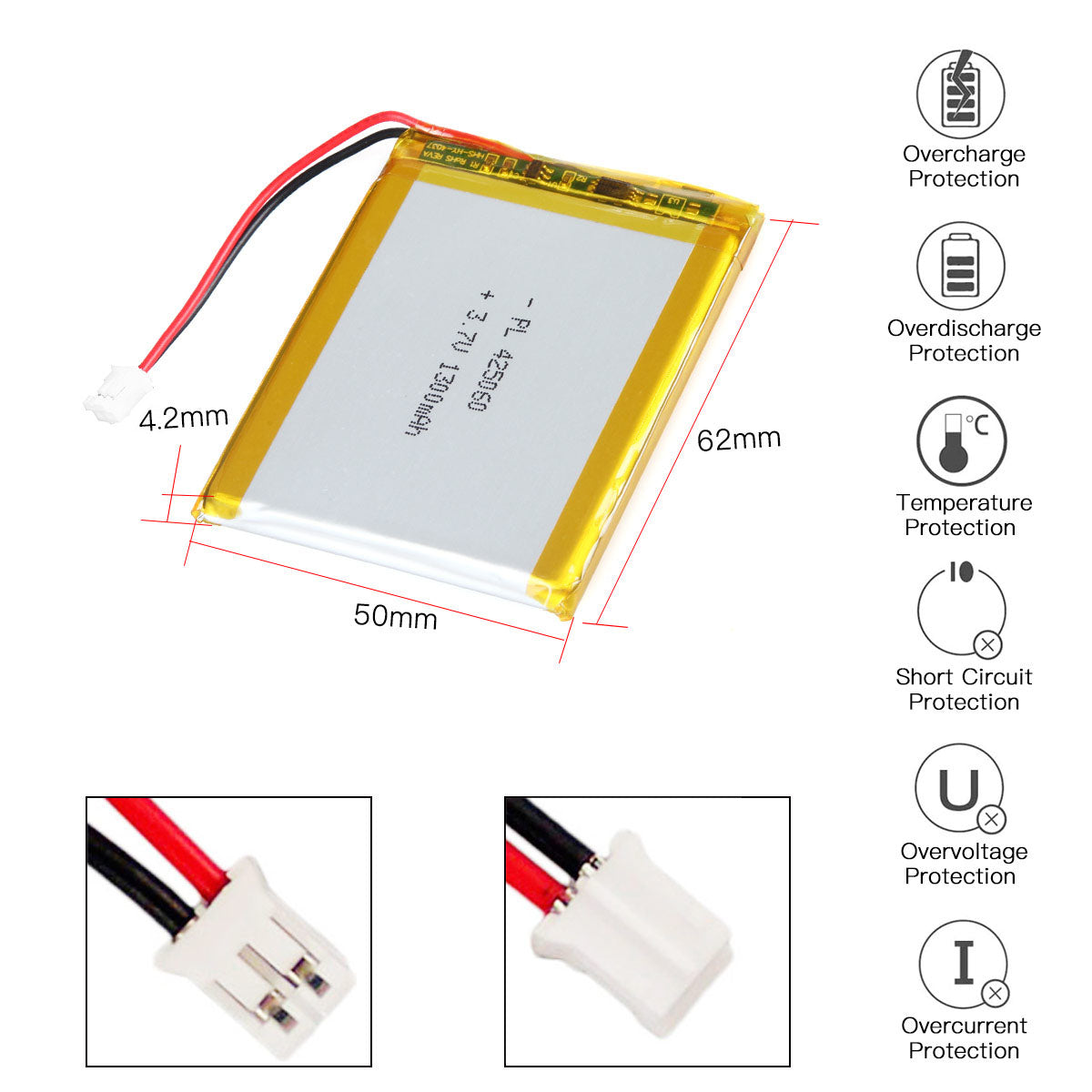 YDL 3.7V 1300mAh 425060 충전식 리튬 폴리머 배터리 길이 62mm