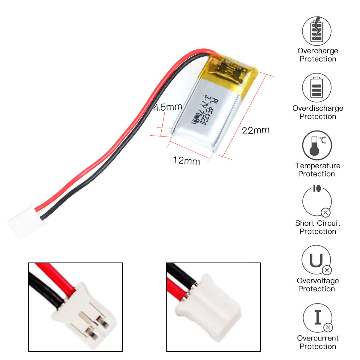 YDL 3.7V 70mAh 451220 충전식 폴리머 리튬 이온 배터리 길이 22mm